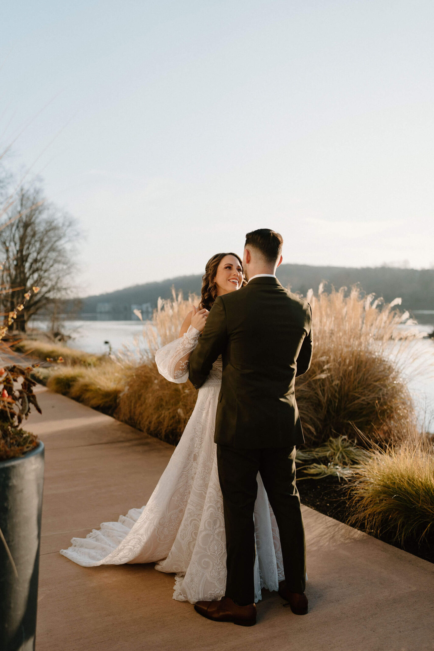 bride and groom embracing during their first look on their wedding day