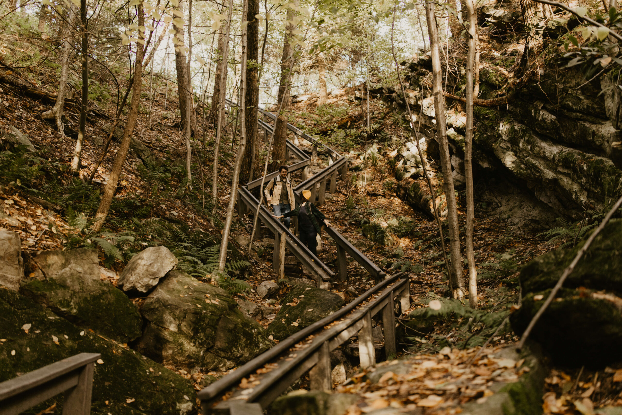 a couple walking down a staircase on a hike through the woods, wearing fall jackets and a yellow beanie, through a rocky forest surrounded by ferns 