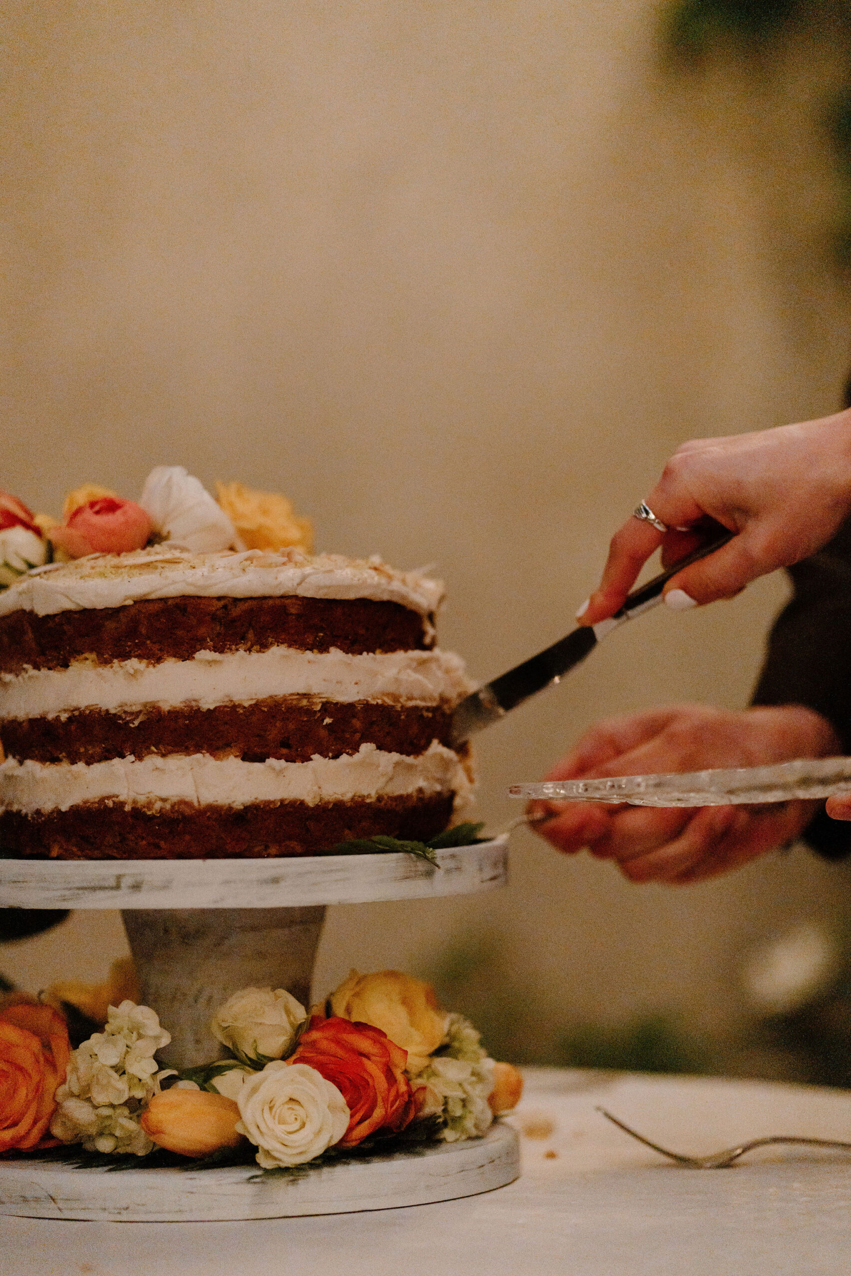 close up of a bride (wearing many rings) and groom's hands, cutting their wedding cake