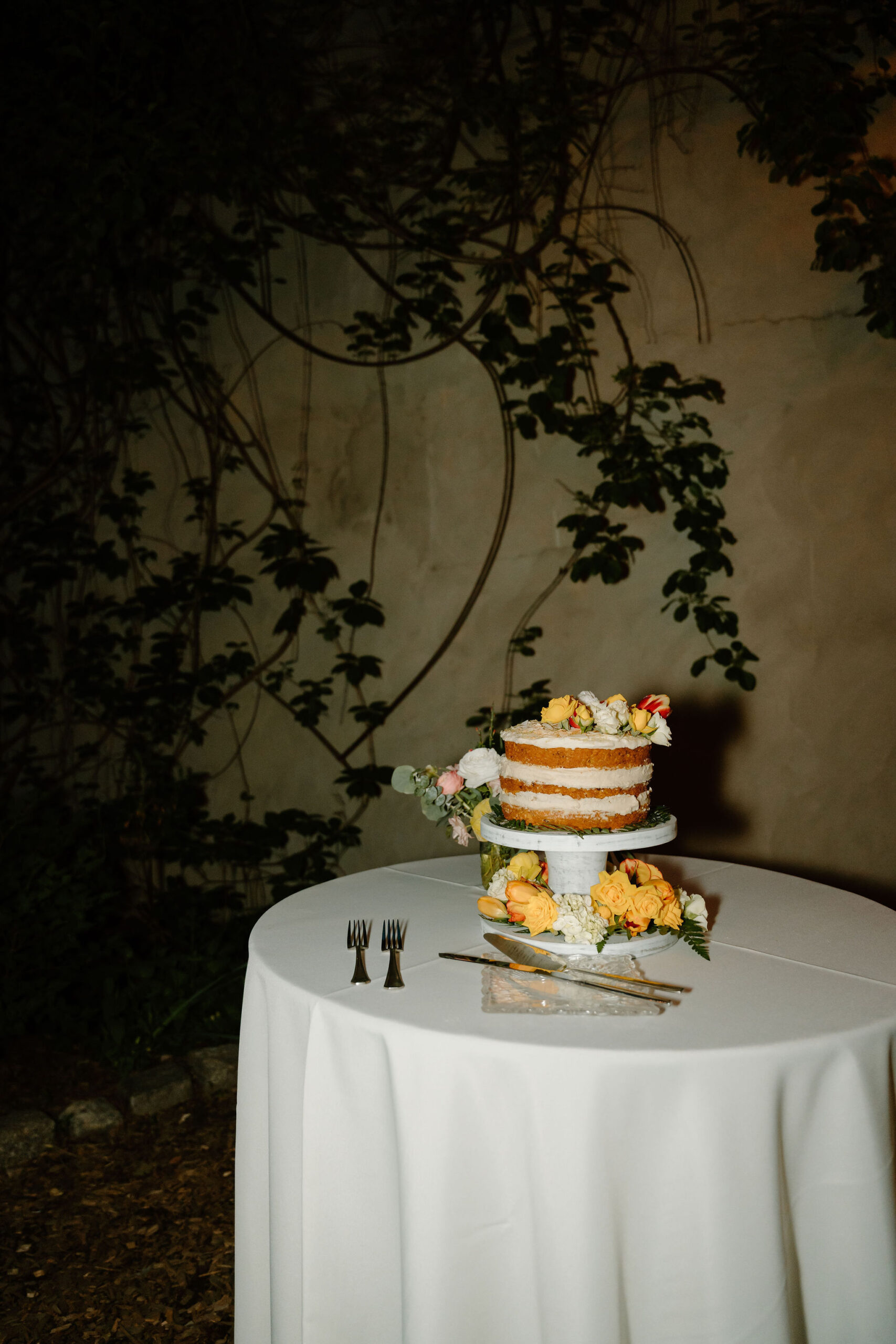 flash image of a homemade vegan gluten free carrot cake on a table against a wall with greenery