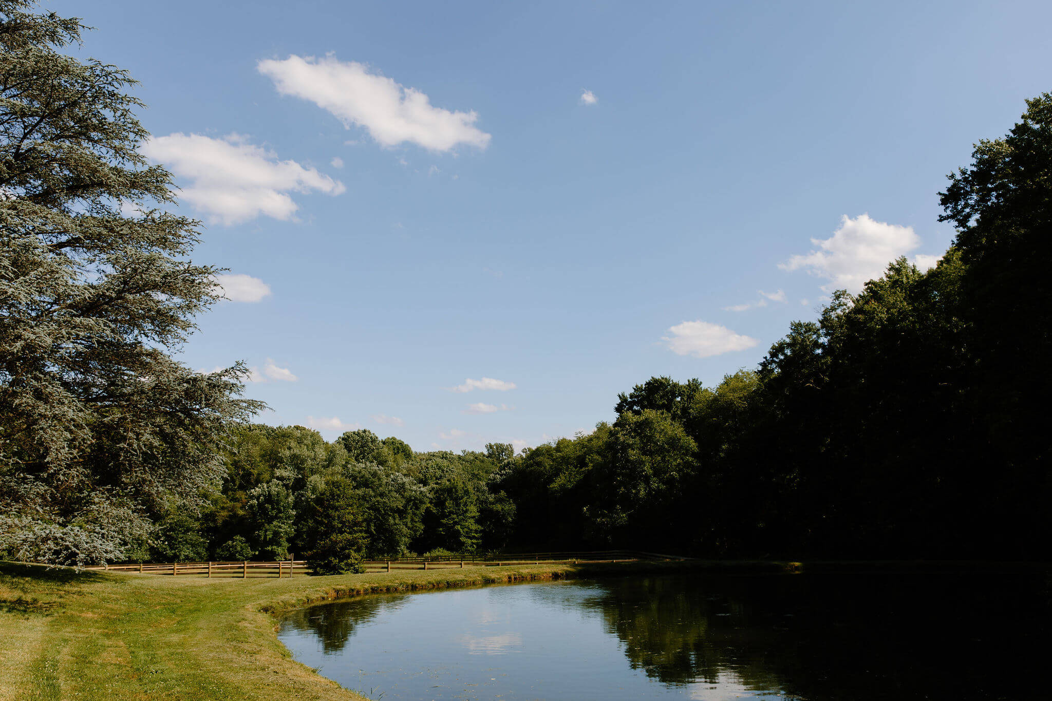 a clear pond reflecting a blue sky, set in a meadow surrounded by trees