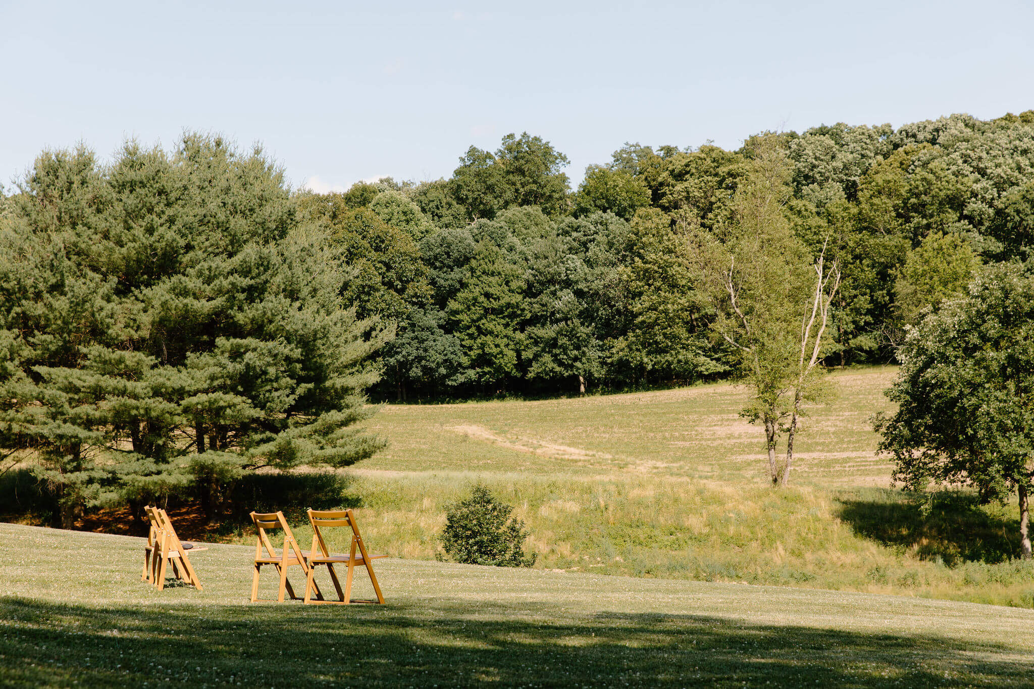 four wooden chairs placed in an open field, with a rolling hill and forest in the background