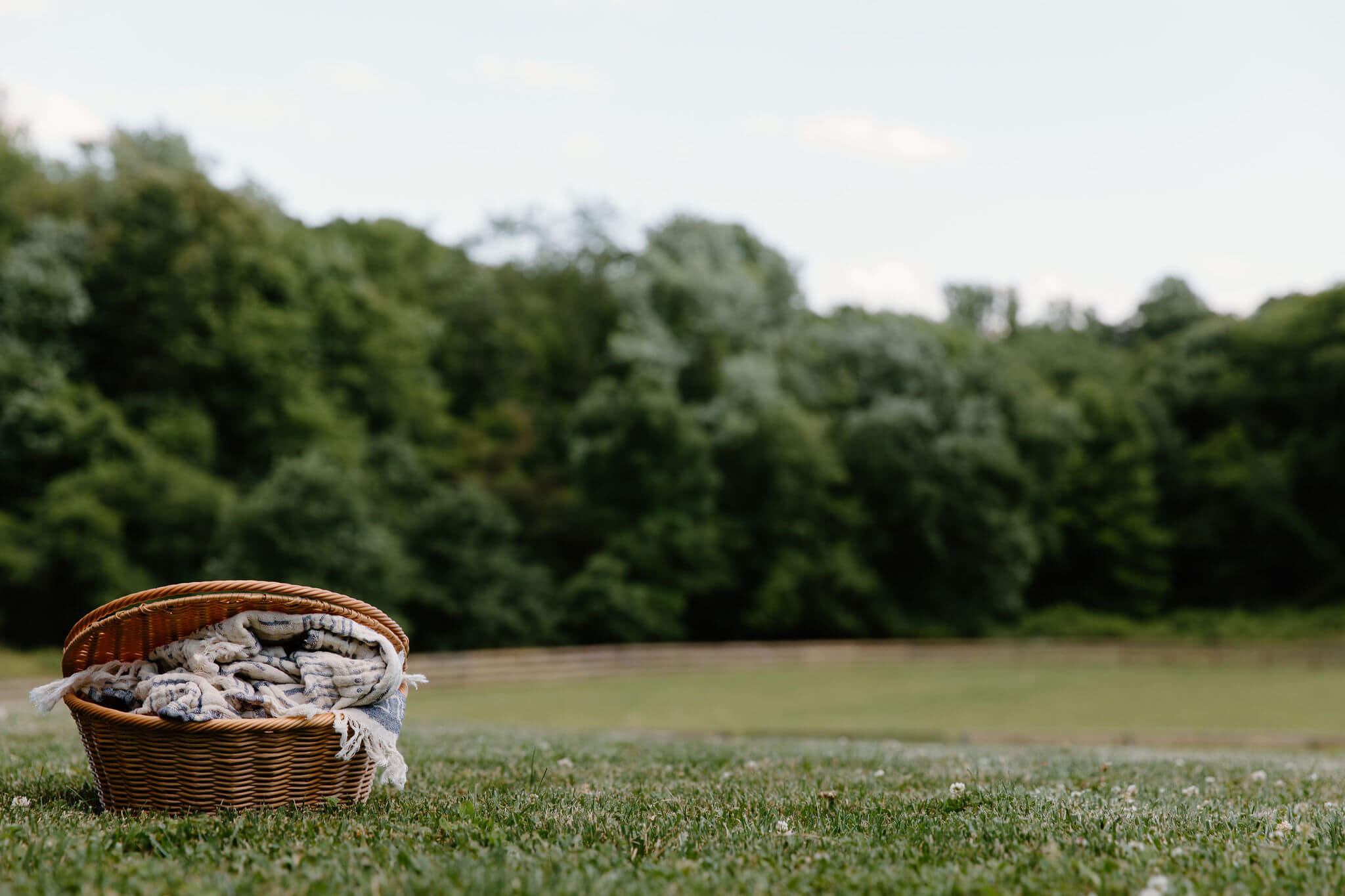 a basket holding a folded up blanket, sitting on the grass in an open field