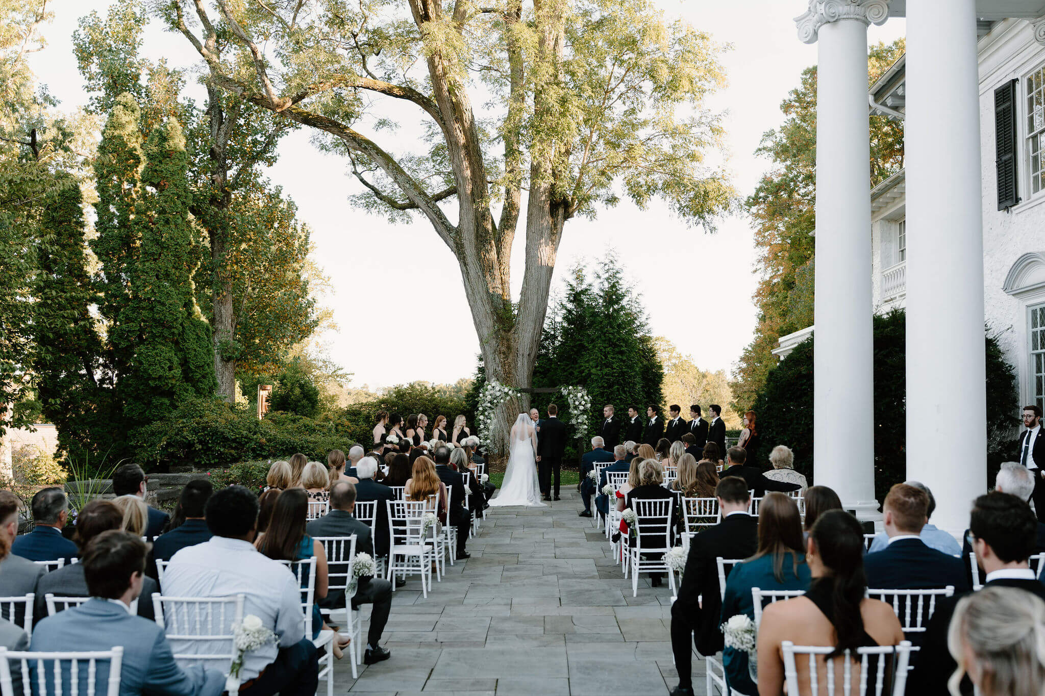 wide image of a wedding ceremony under a large tree with a long aisle, guests seated in white chairs on a stone patio