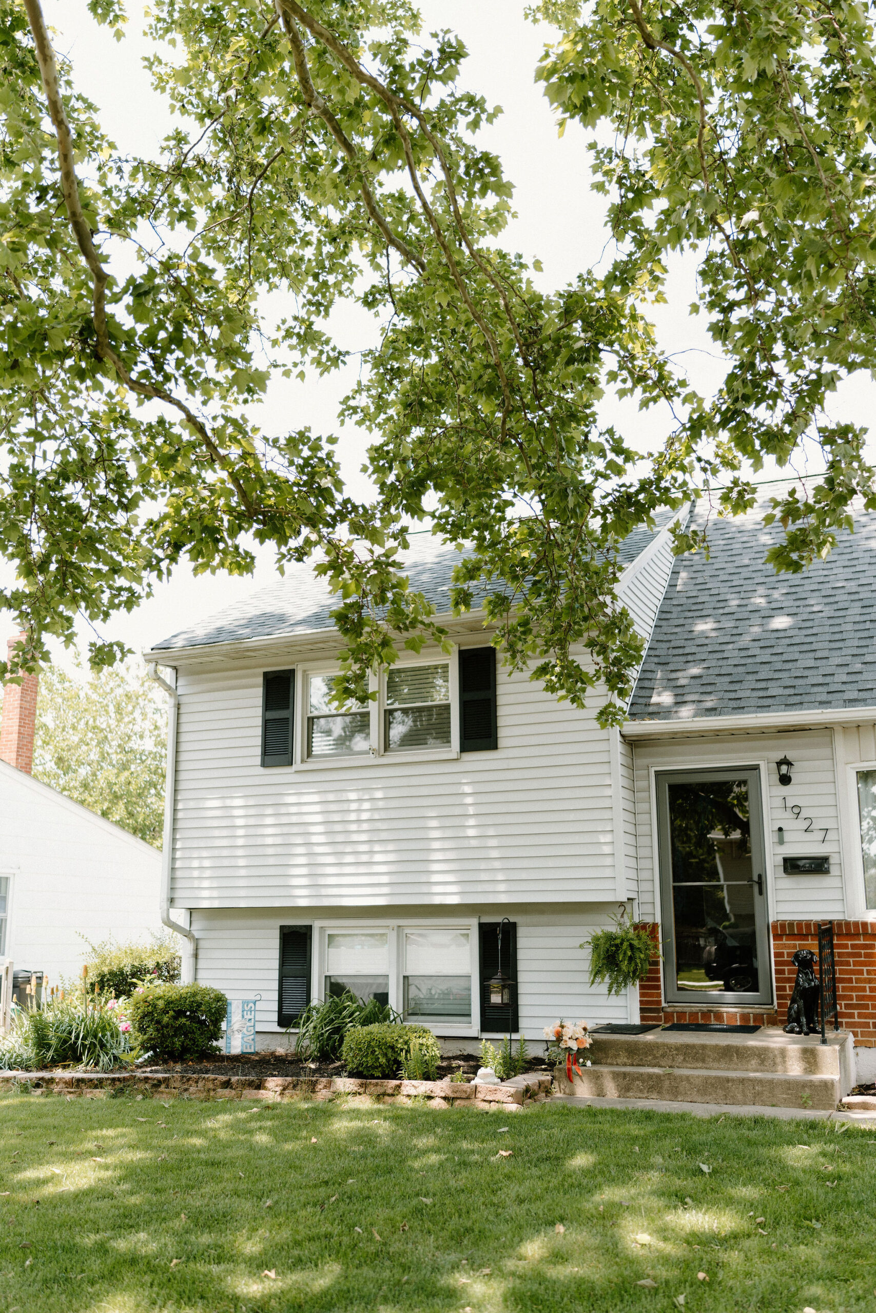 a wide angle image of the front of a home in the shade of a large leafy tree, a wedding bouquet sitting on the front stoop by the door