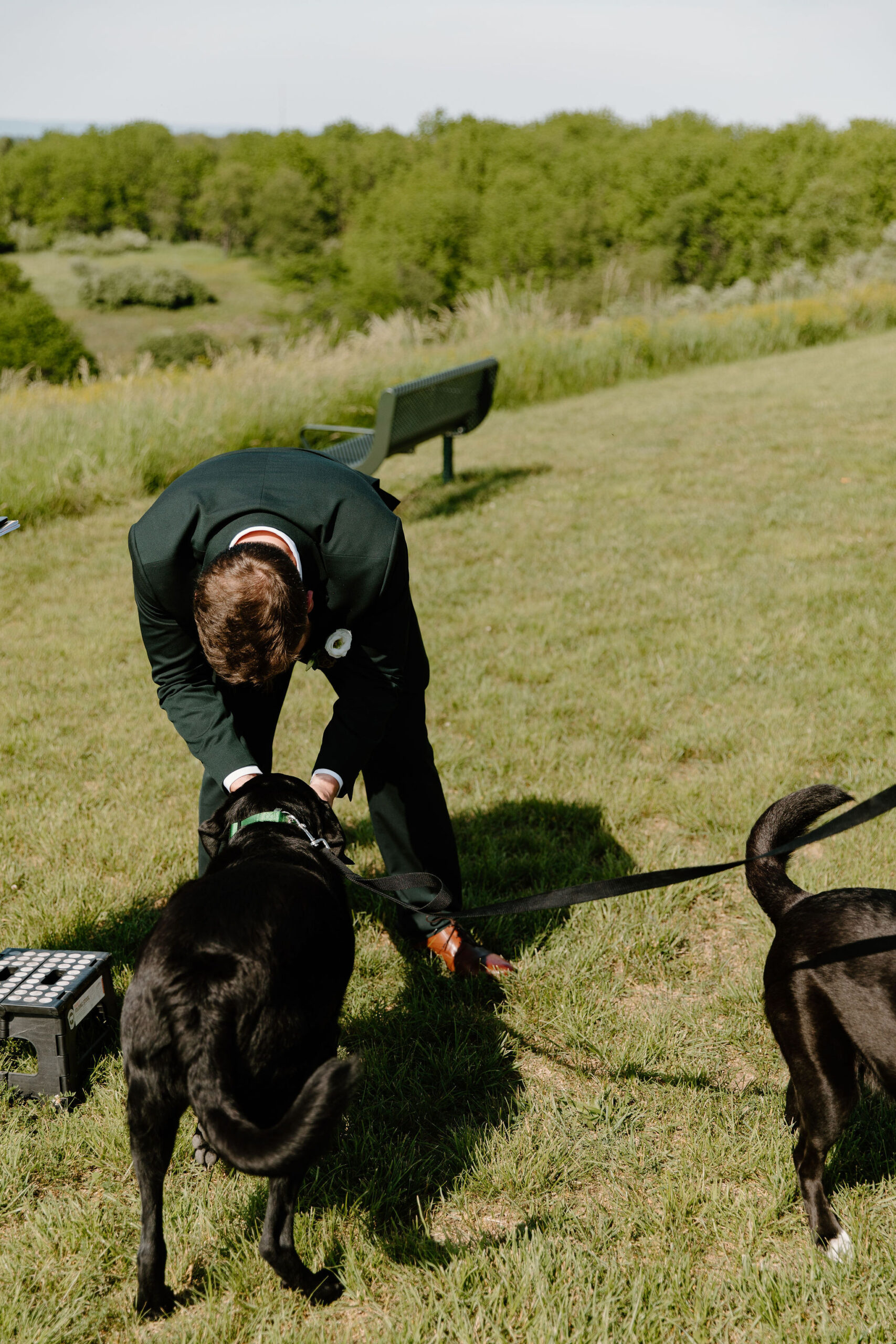 groom greeting his black lab at the end of the aisle for his wedding ceremony