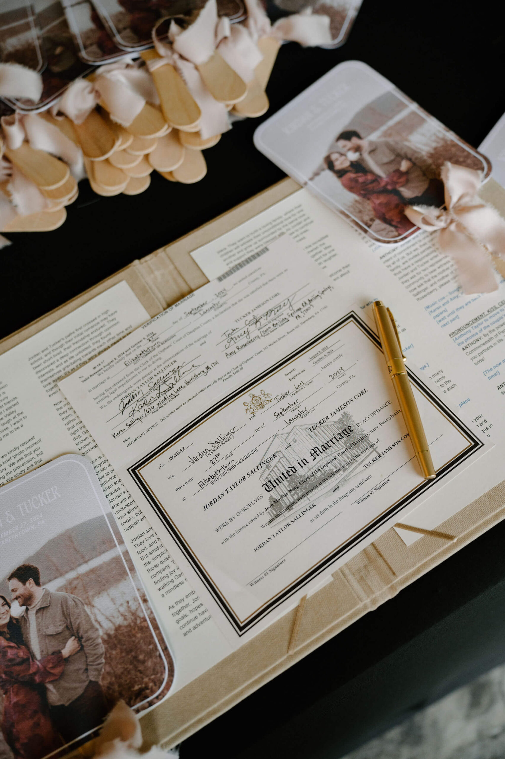 close up image of bride and groom's signed marriage license