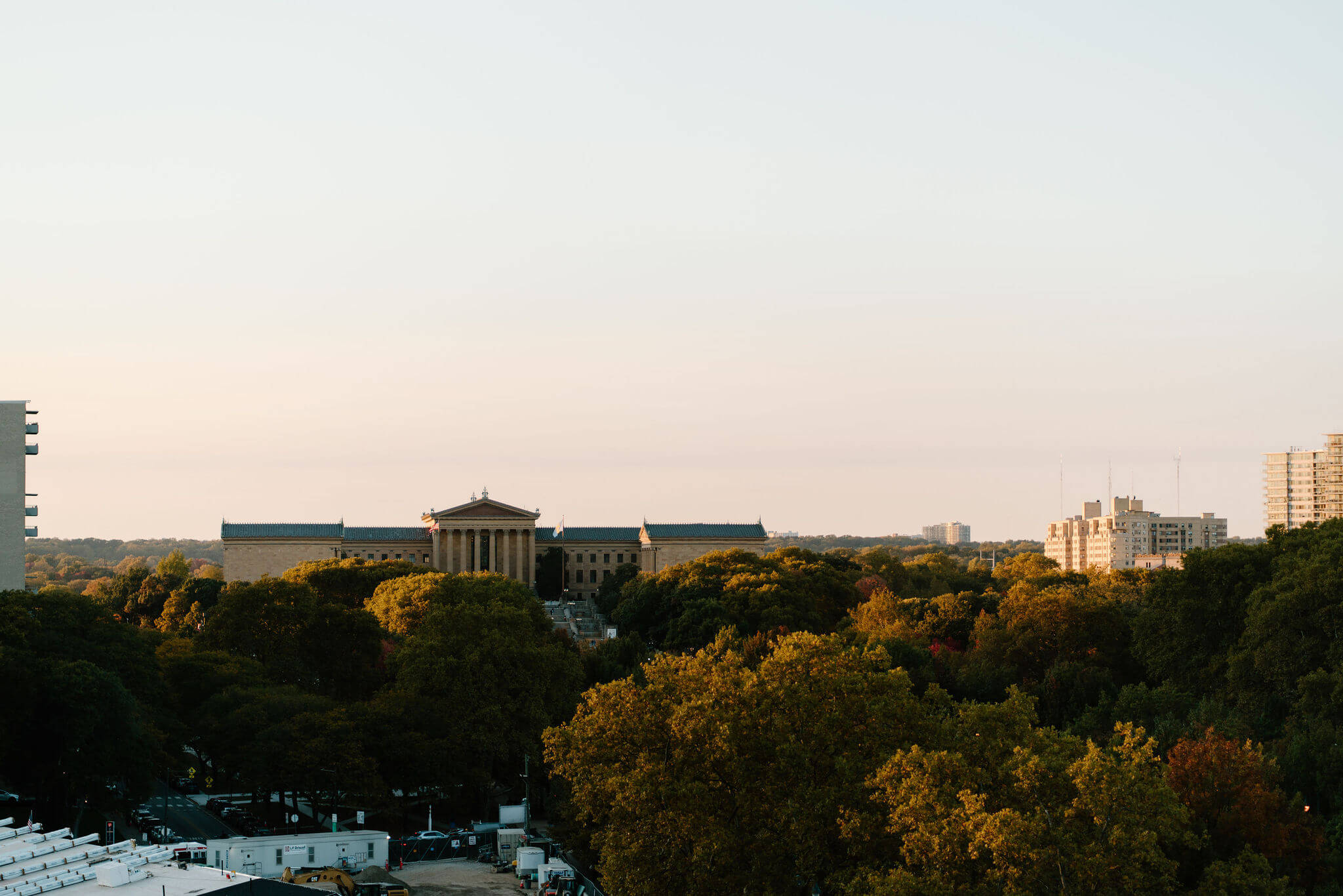 image from the roof of the Franklin Institute facing up the Ben Franklin Parkway of the Philadelphia Museum of Art