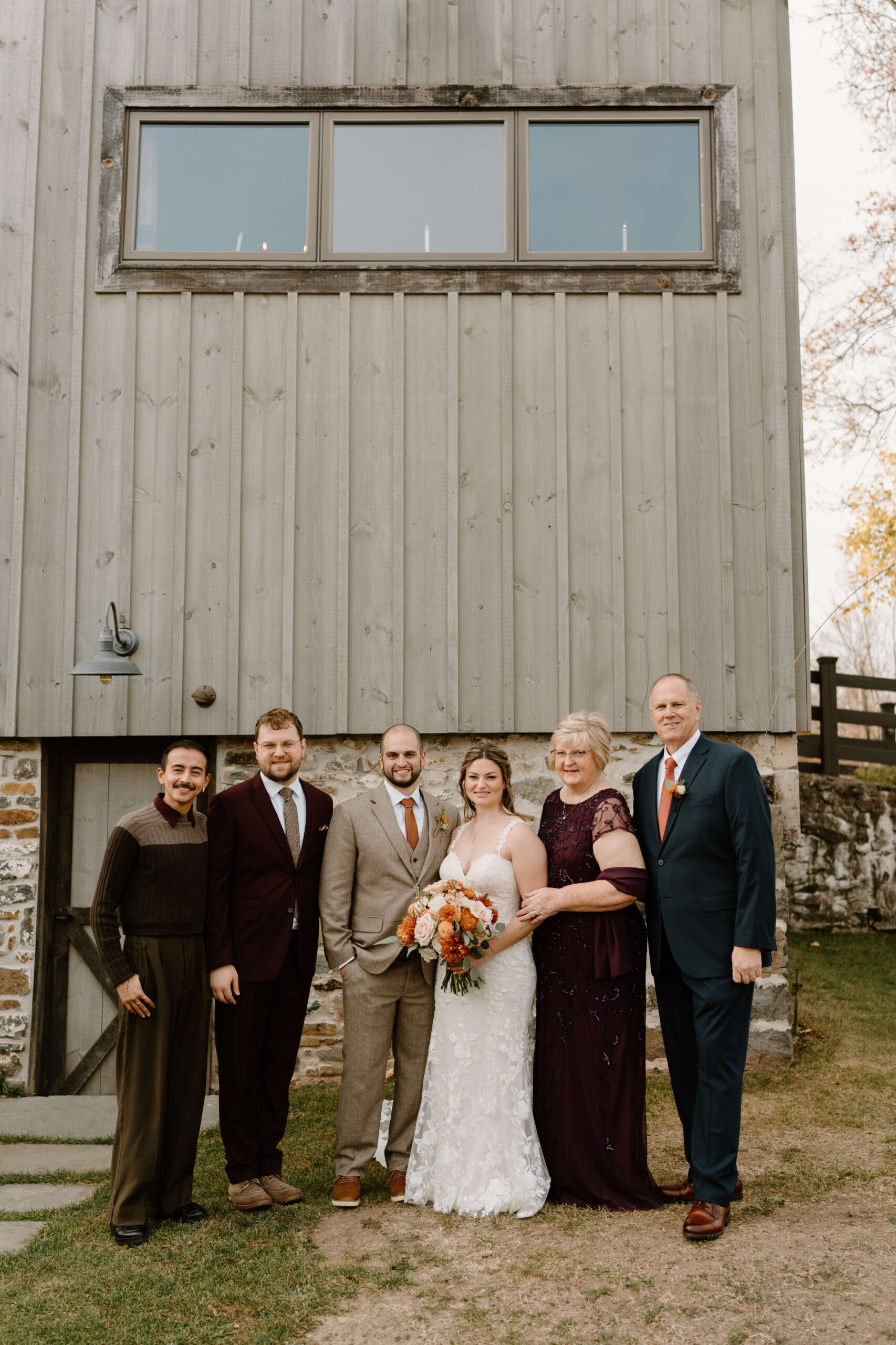 family portrait during November wedding at the Farm Bakery and Events