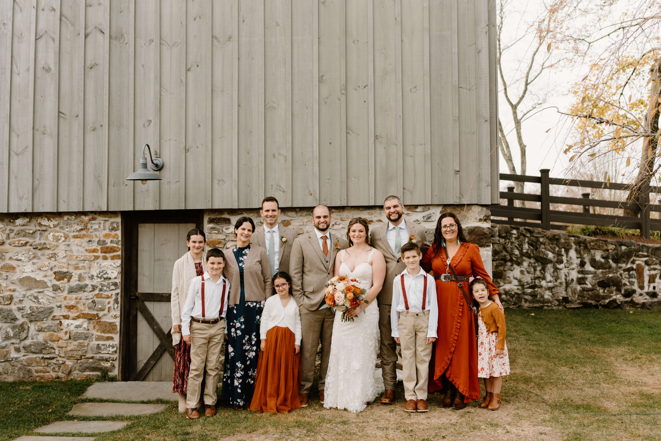 family portrait during November wedding at the Farm Bakery and Events