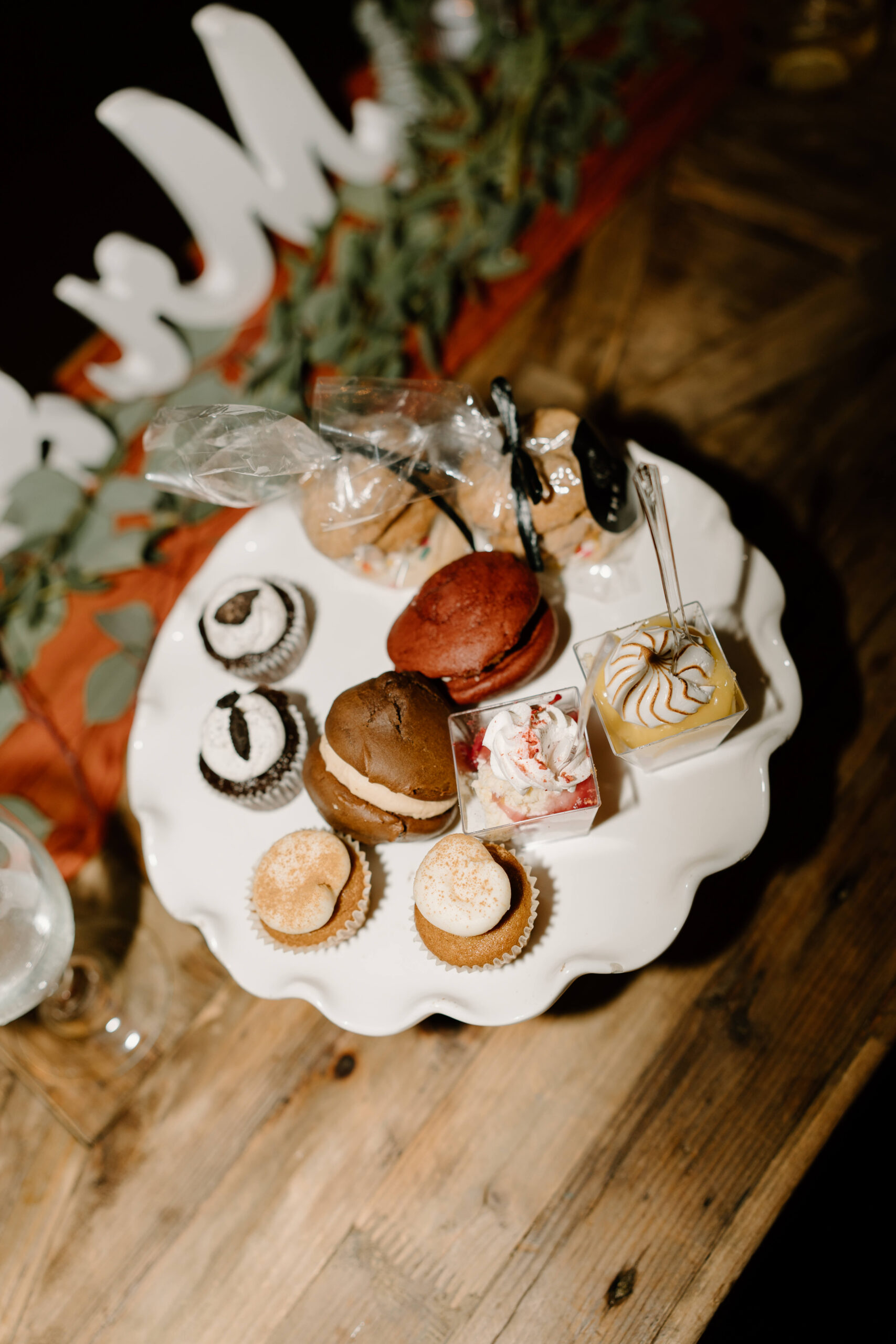 dessert plate of a smorgasbord of mini-desserts during a wedding reception