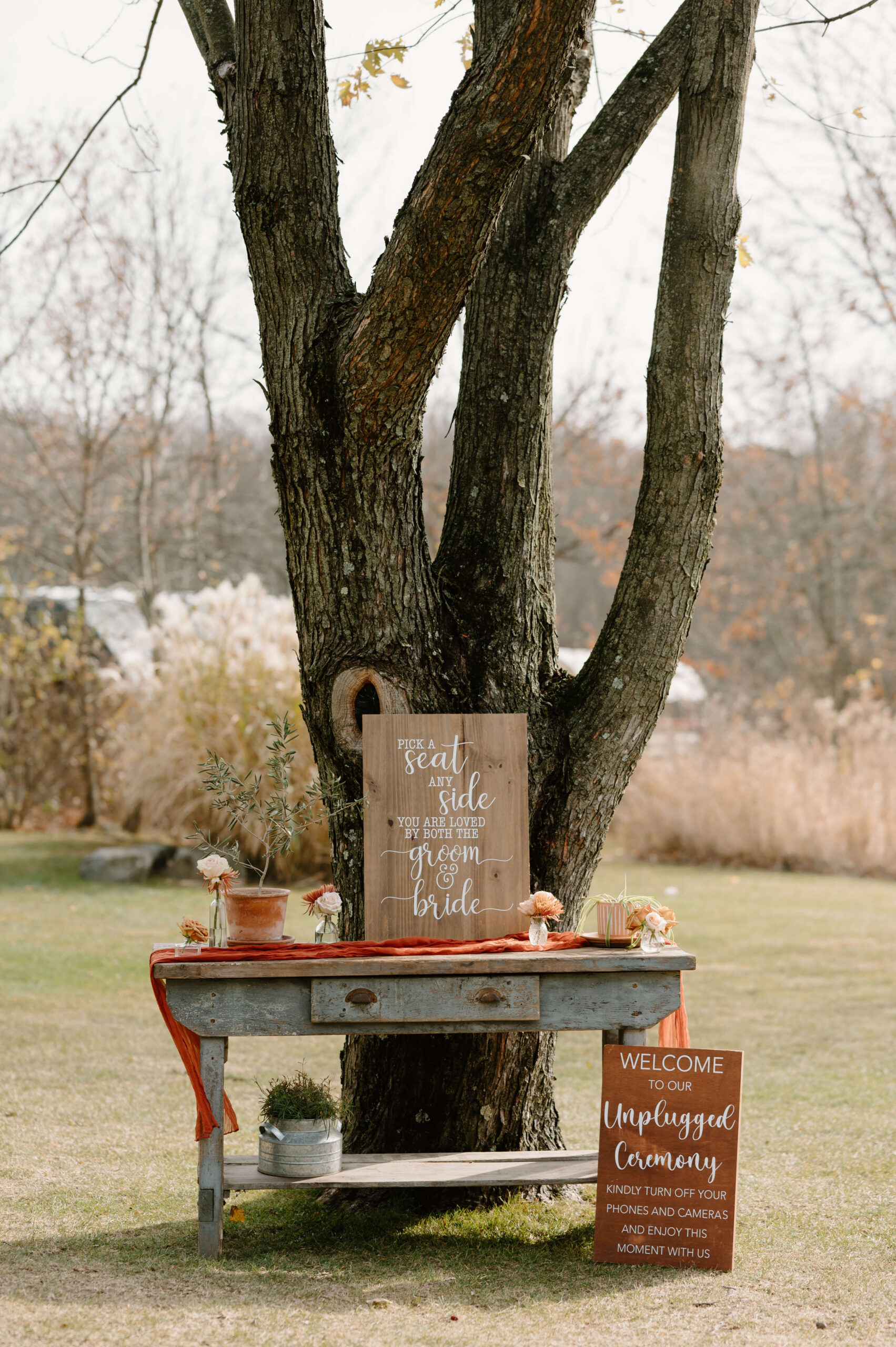 close up of signs displayed at wedding ceremony, reading "pick a seat, any side, you are loved by both the groom & bride", and "welcome to our unplugged ceremony"